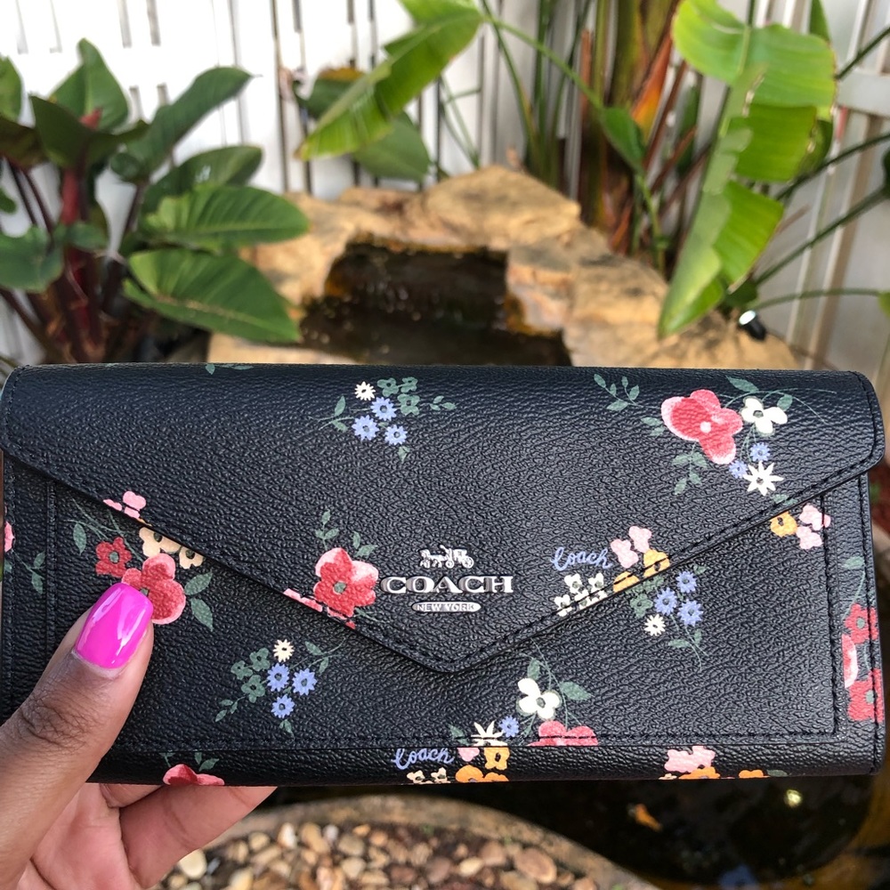 Coach Black Floral Continental Wallet with Multicolor Flower Print